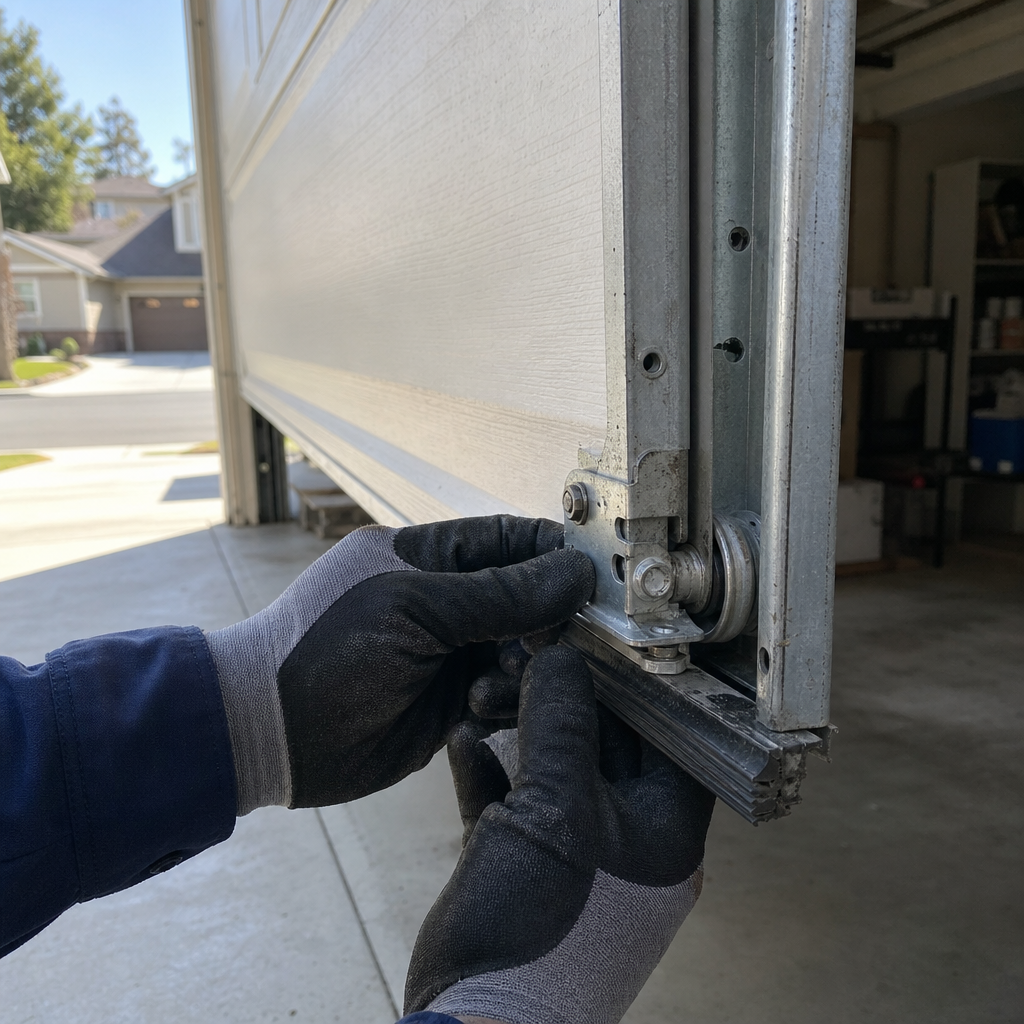 Emergency garage door repair technician working on track system in West Hollywood, CA