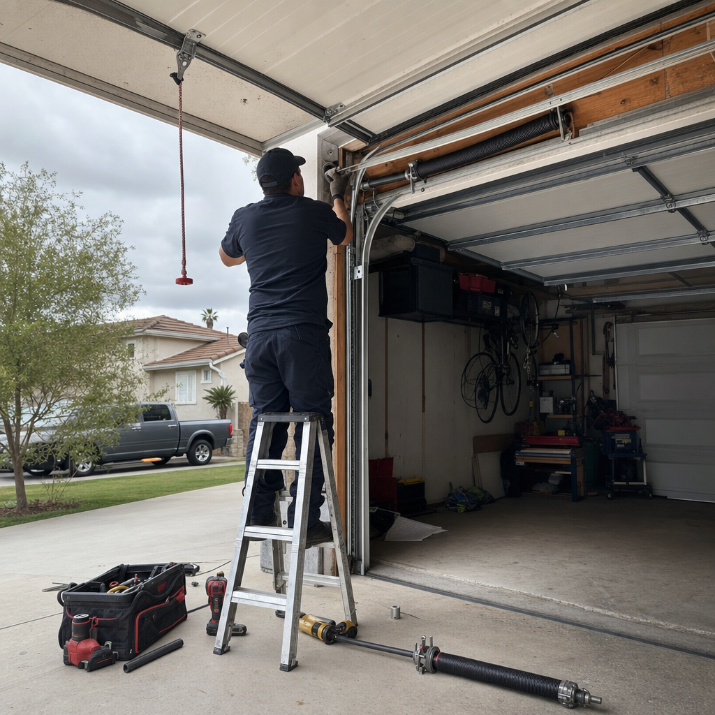 Garage door technician performing emergency garage door repair on spring system in West Hollywood, CA