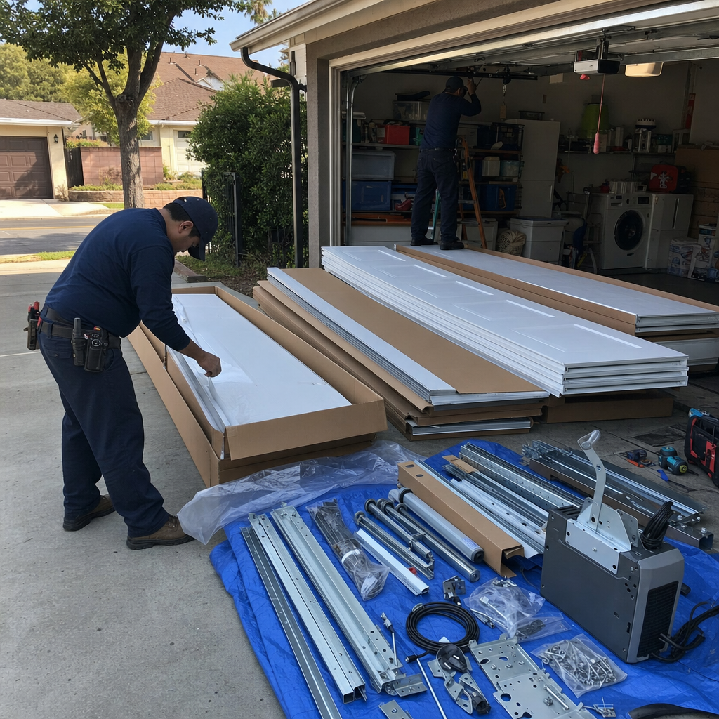 Garage door installation with new doors and hardware