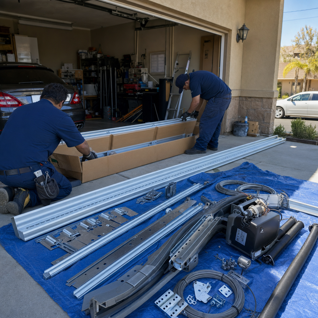 Garage door installation process with professional workers and parts