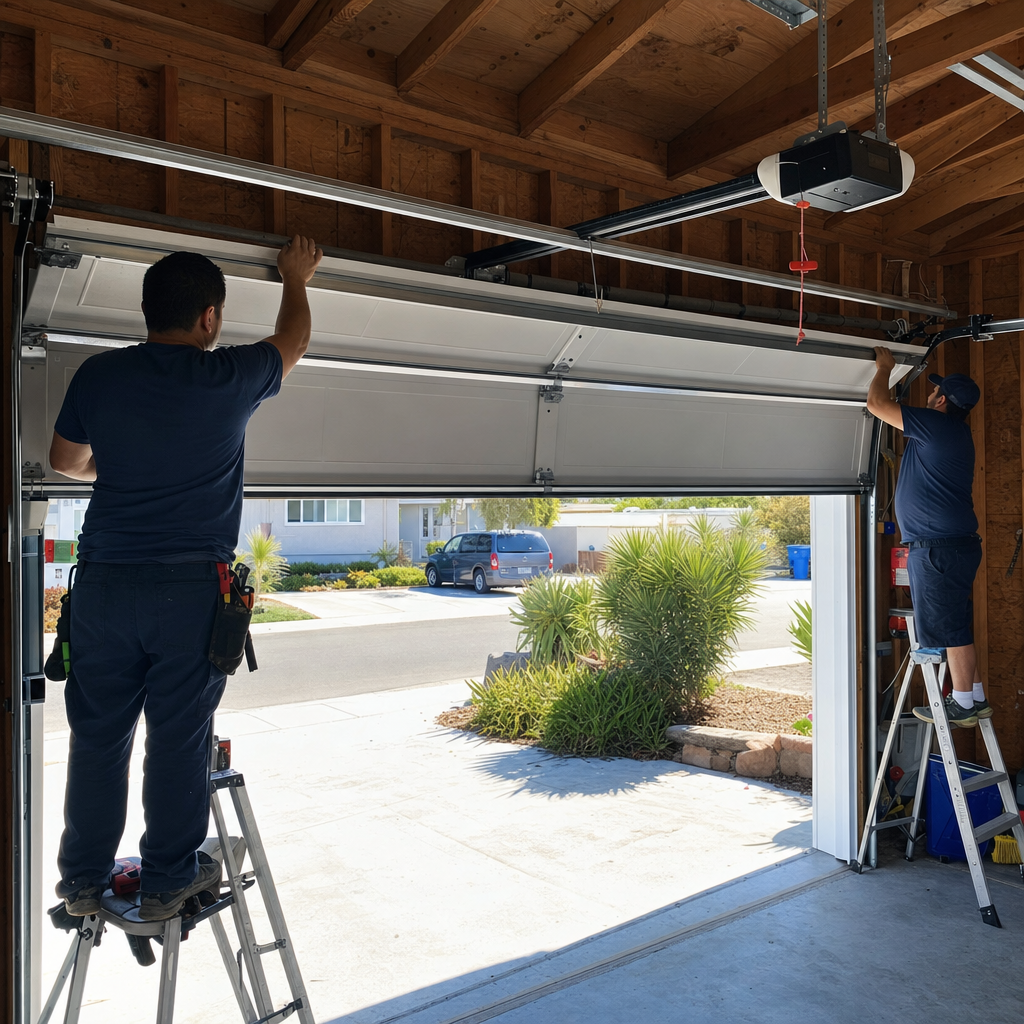 Garage door installation technicians working on a new garage door system