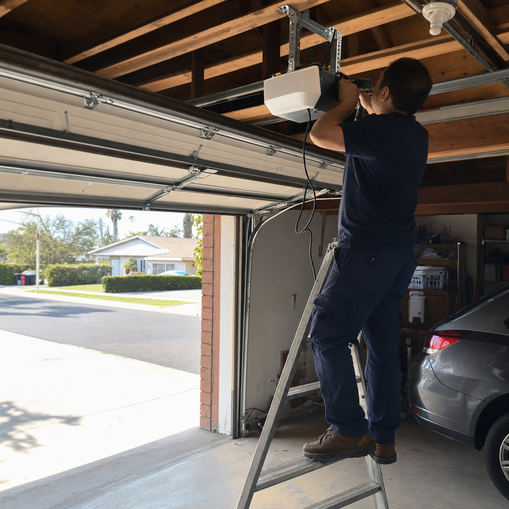 Garage door opener installation by technician on a ladder