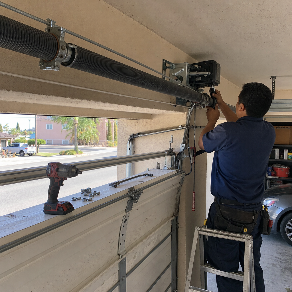 Garage door technician performing garage door opener repair and installation