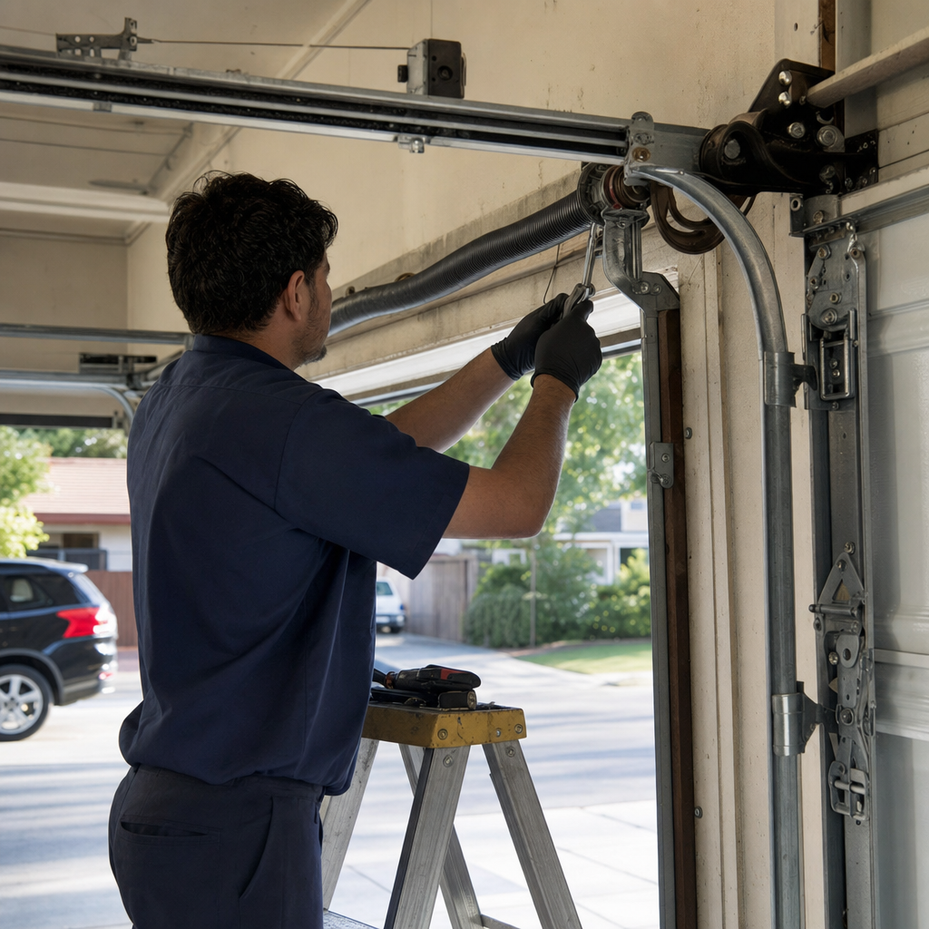 Technician adjusting garage door parts on a ladder in West Hollywood, CA
