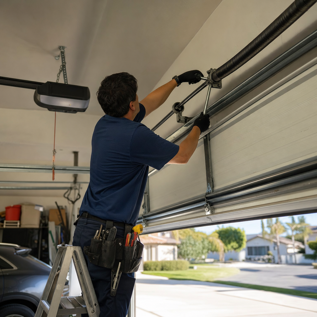 Technician repairs garage door torsion spring system with screwdriver on step ladder in West Hollywood, CA
