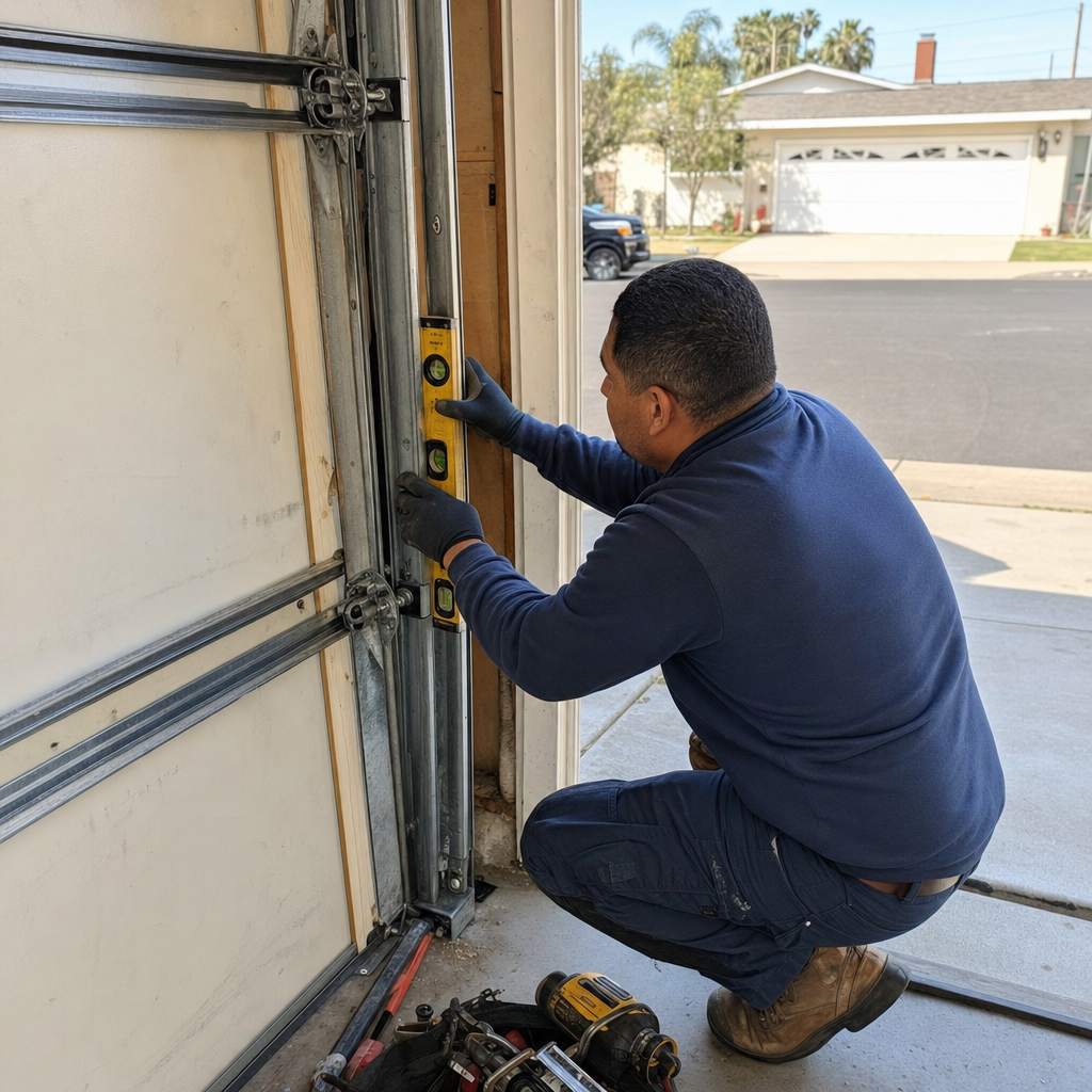 Garage door repair technician uses level during service